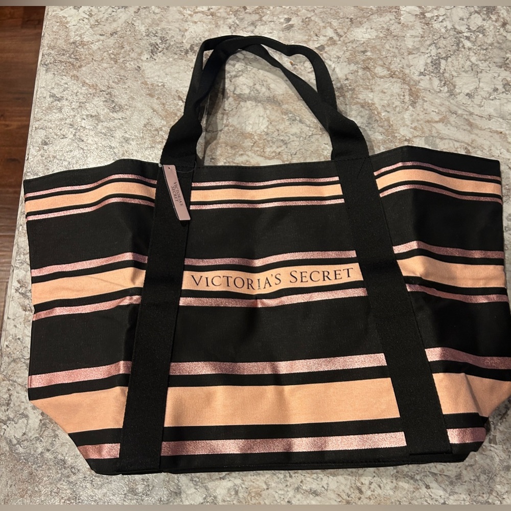 VICTORIA’S SECRET Weekend BAG Tote Bag Pink Sparkle Striped Canvas Bag NWT